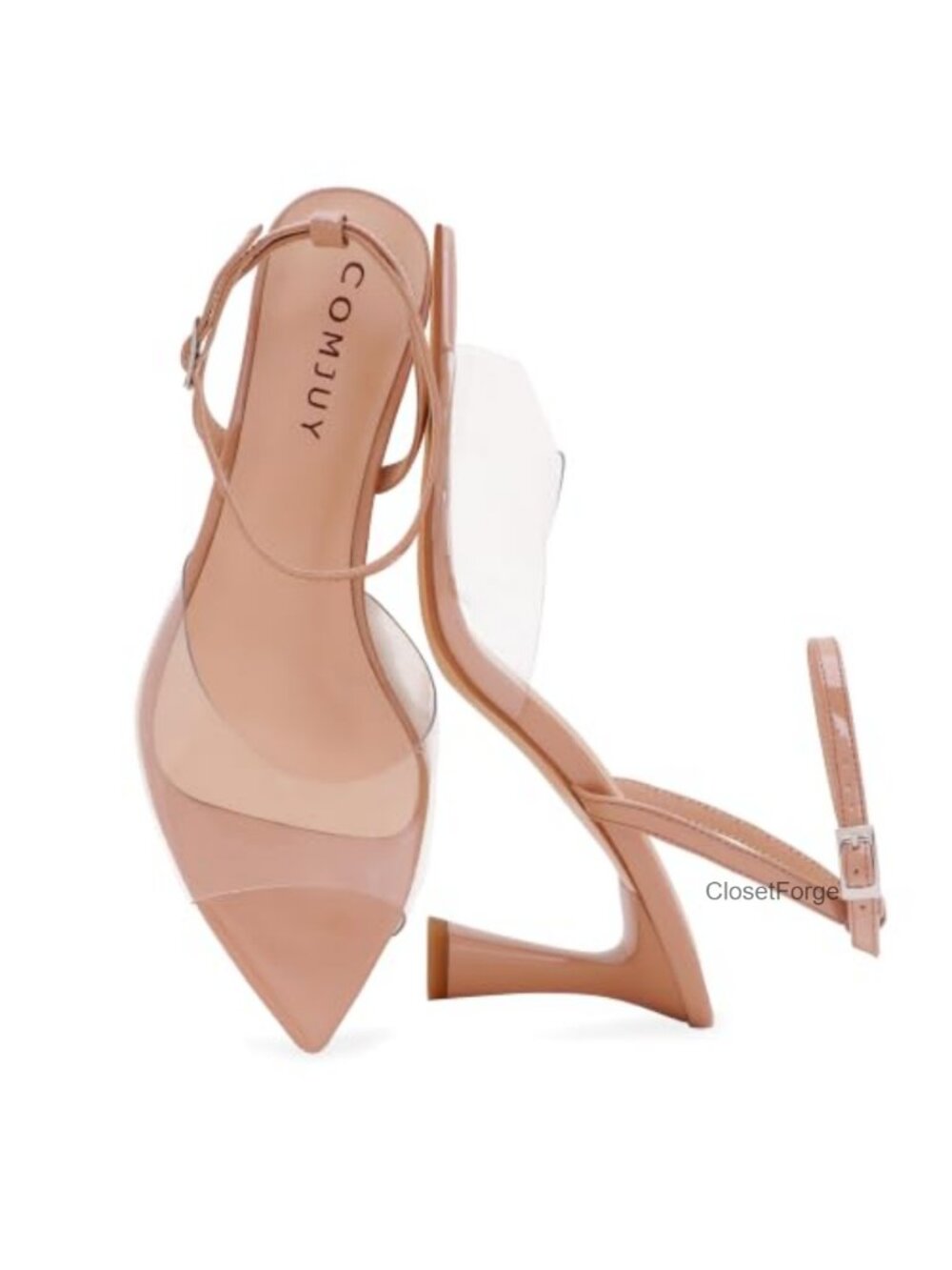 Womens Kitten Heel Sandals Strappy Pointed Toe Flared Heels Padded Insoles Faux